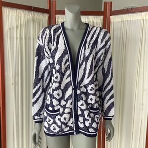 Renee Tener For Jeanne Pierre Vintage Cardigan Sweater Blue and White Cotton M